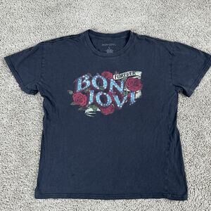 Bon Jovi Shirt Womens Large Black Blue Forever Roses Music Short Sleeve